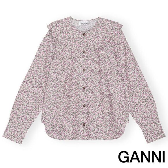 GANNI **NWT** Frost Gray Floral Print Cotton Poplin Double-Collar Shirt - Picture 13 of 16